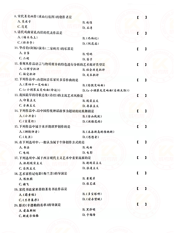 2021年江苏成人高考专升本艺术概论考试真题及答案